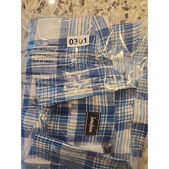 Neiman Marcus Men XXL Short Sleeve Linen Button Shirt Blue White Check - Picture 8 of 8